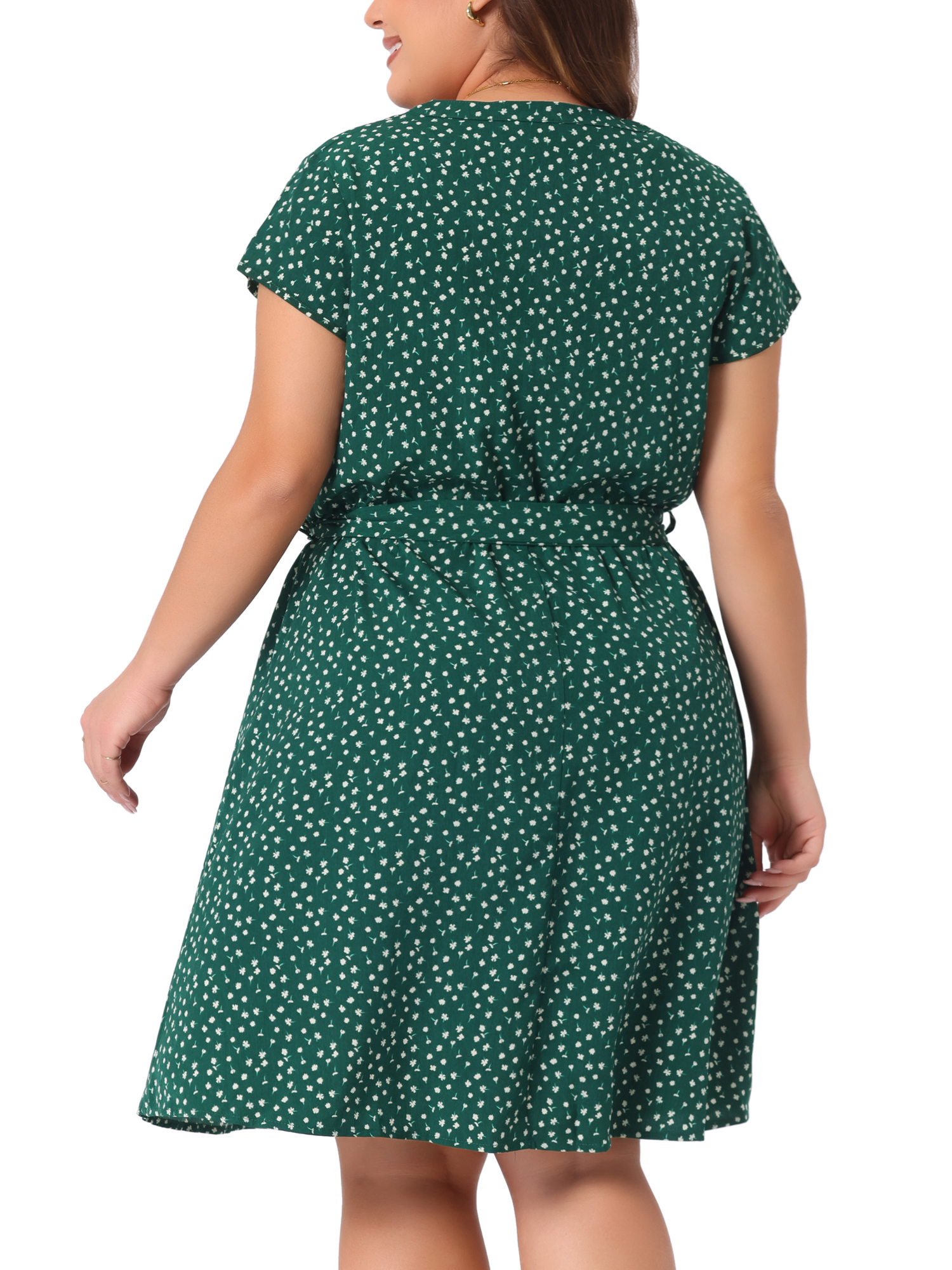 DARING DIVA Plus Size Floral V Neck Tie Belted Dress 4X Dark Green