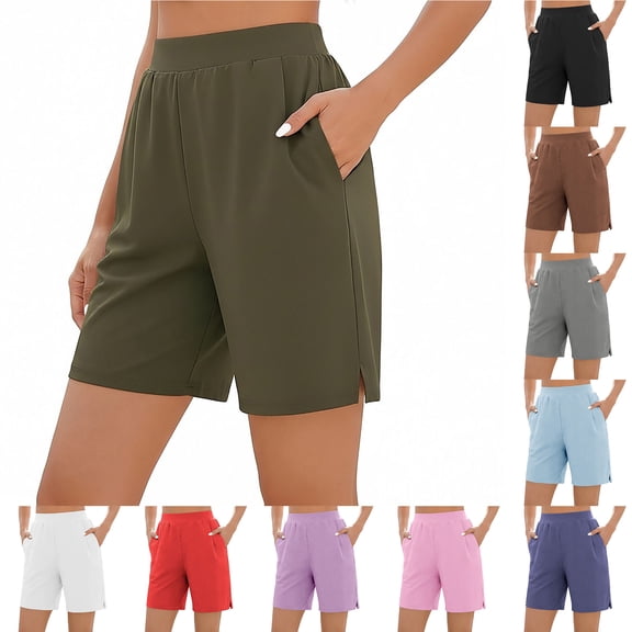 Bloomae Womens Yoga Shorts Loose Comfy Stretchy Lounge Bermuda Shorts Lightweight Side Slit Athletic Work Business Short Pants with Pockets