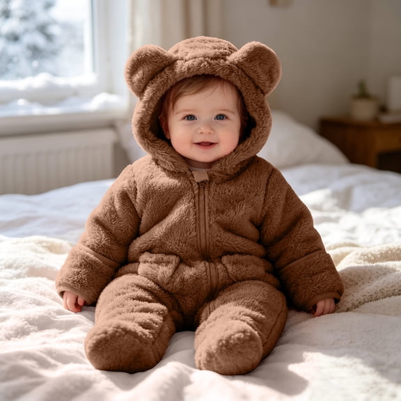 dazeni Newborn Baby Jumpsuit Cute Plush Fuzzy Bear Outfit with Hood Zip up Long Sleeve Fleece Rompers Wintrer Warm Onesie Outwear Brown 6 Months