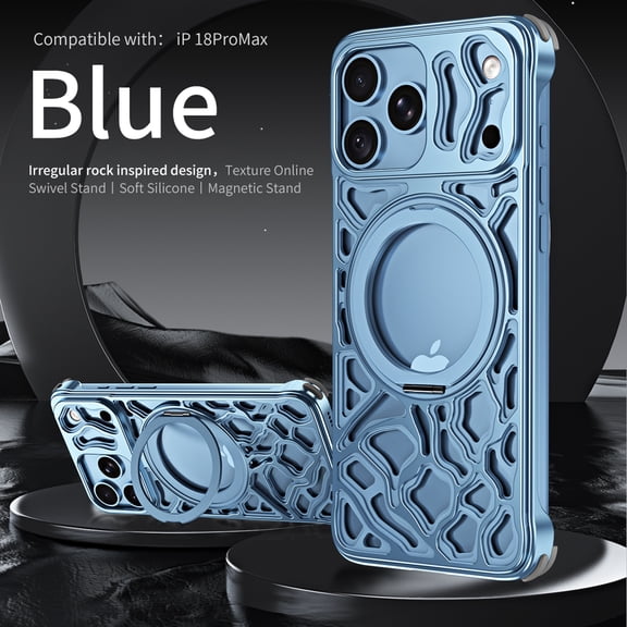 GJL Aluminum Alloy Phone Case for iPhone 18 Pro Max, Magnetic Shockproof Protective Cover with 360 Rotating Stand, Soft Silicone Corners, Iceblue