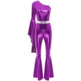 thumbnail image 3 of TiaoBug Women 70s Disco Costume One Shoulder Long Sleeve Bell Bottom Hippie Club Jumpsuit Purple XXL, 3 of 5