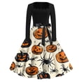 thumbnail image 1 of Vestido vintage de Halloween para mujer, manga larga, top negro con estampado de calabaza, falda con vuelo, disfraz de fiesta retro, 1 of 3