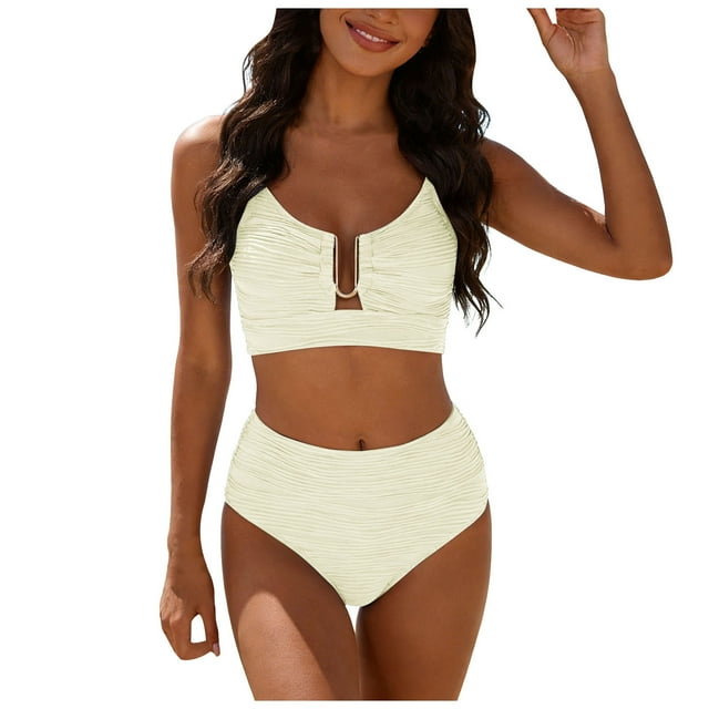 WUANDIXFA Womens Bikini Set Women High Waisted Bikini Fashion Cute Two Piece Retro Ruched High Waist Print Bikini Set Beige,S