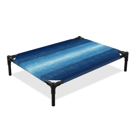 Gradient Blue Navy Elevated Dog Bed Linen Texture Summer Pastoral Style Cooling Breathable Outdoor Raised Dog Cot Bed with Metal Frame Non-Slip Feet for Medium Dog 24x20in