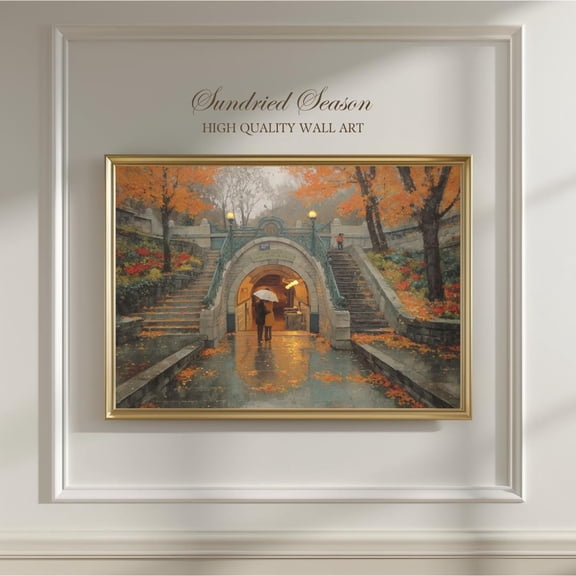 Paris Metro Autumn Art Print, Romantic Rainy Fall Scene With Couple Under Umbrella, Cozy French City Wall Decor For Bedroom Or UNFRAMED Poster, Wall Art for Decor, Present, 8x12