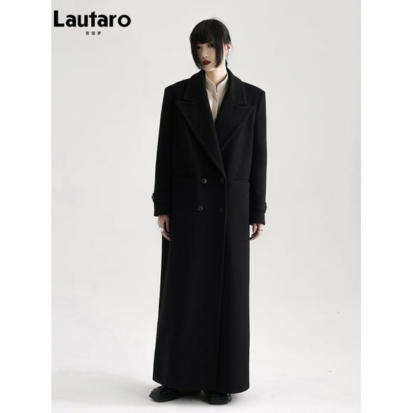 Lautaro Manteau d'Hiver Luxueux Extra Long Noir Chaud Doux en Laine et Mélanges pour Femmes, de Haute Qualité, Ample, Décontracté, Pardessus en Laine 2024