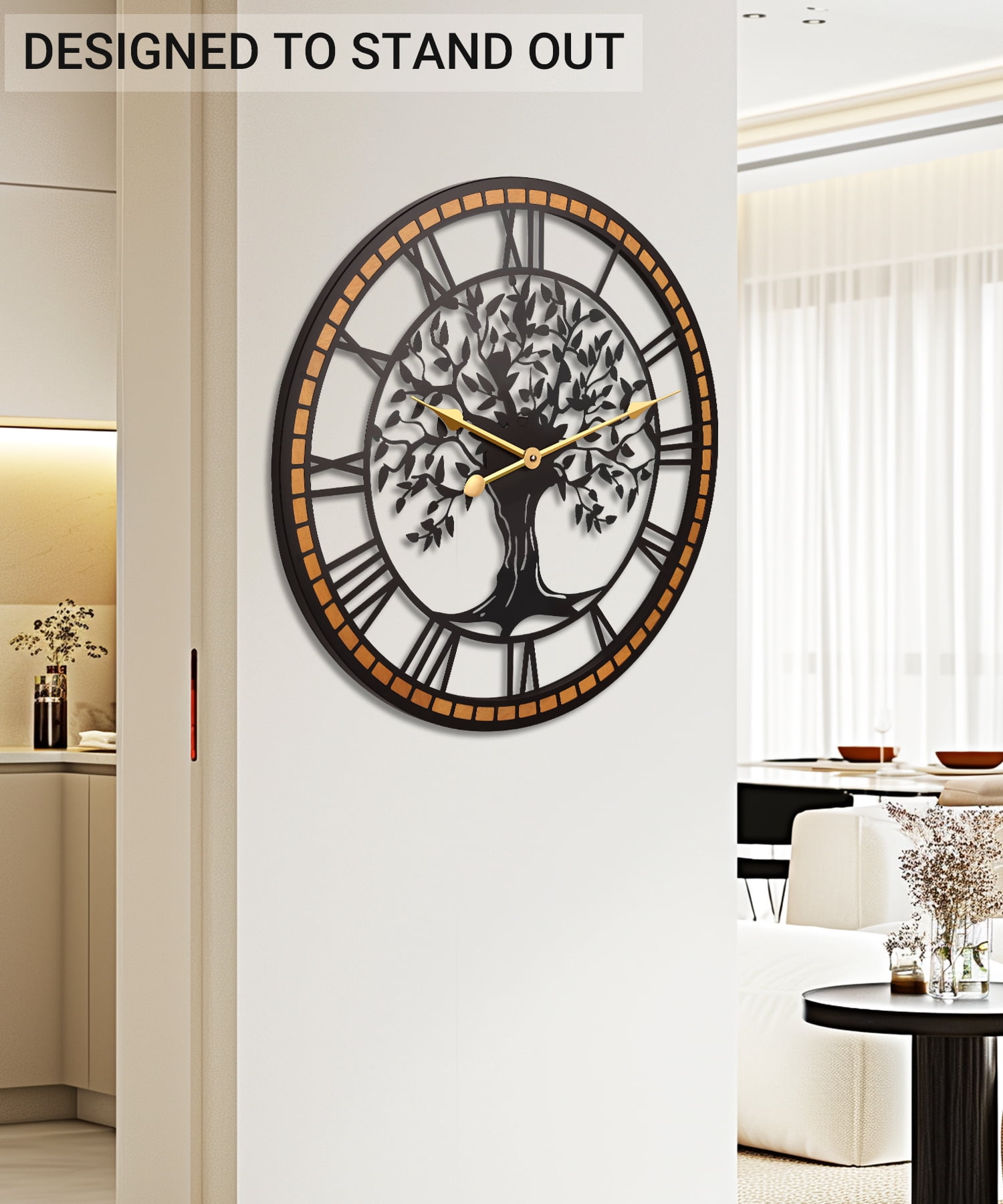 Wall Clock,24inch Large Wall Clock,Silent Tree of Life Wall Clocks for Living Room Decor,Non-Ticking Battery Operated Wall Clock with Wood Frame for Living Room, Kitchen, Bedroom, or Office Wall