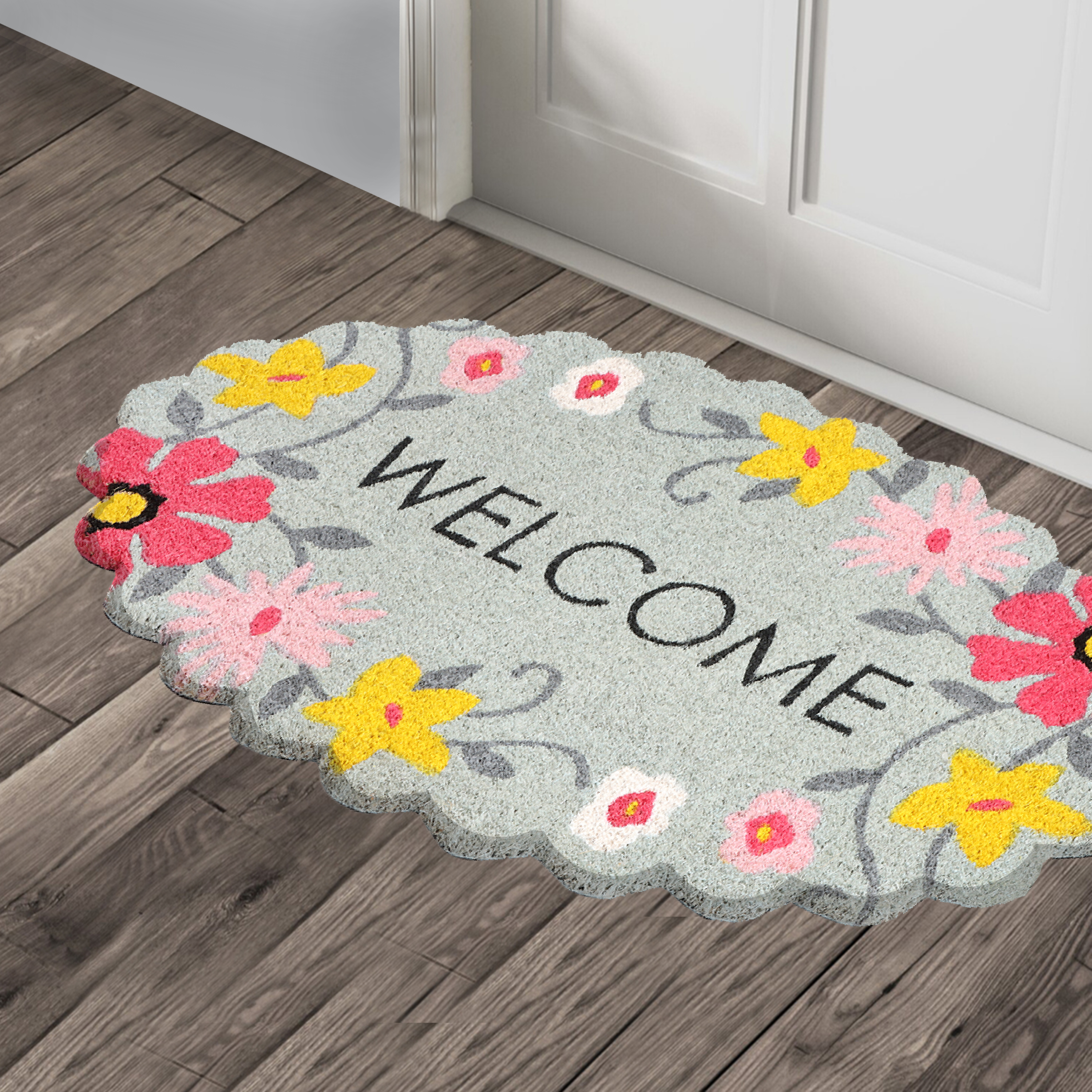 A1HC Natural Coco Coir Doormat, Spring Floral Scalloped, 18"x30", Durable Outdoor Welcome Mat, Non-Slip, Easy to Clean, Pet Friendly