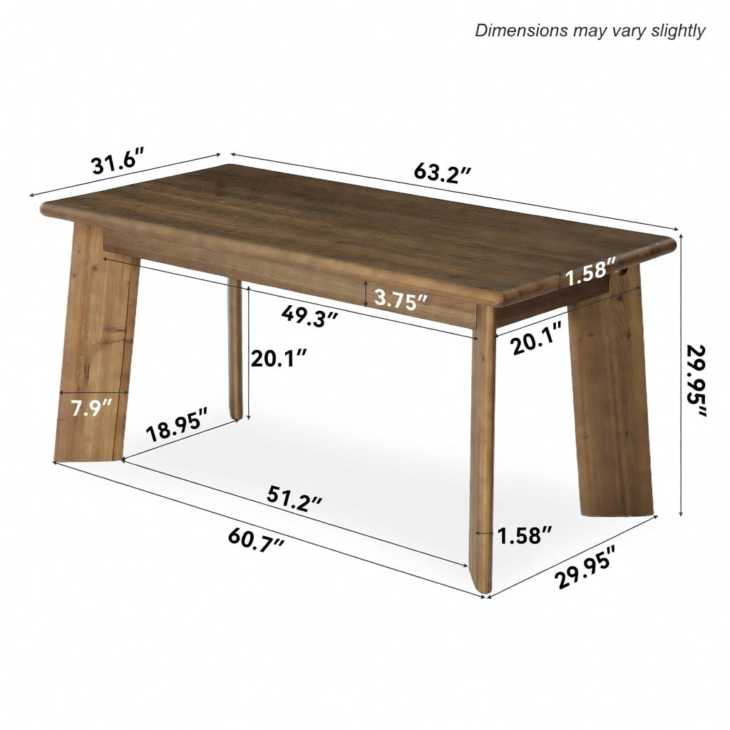 Hommoo 63 Inch Solid Wood Farmhouse Dining Table for 4-6 People, Rectangular Kitchen Table with Angled Legs, Vintage Chestnut Finish, Sturdy Cross-Brace Design, Brown