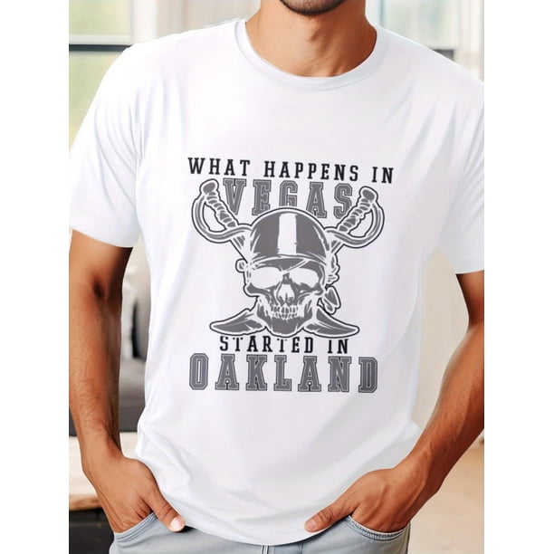 Camiseta de verano de manga corta para hombre con estampado frontal: tejido cómodo y transpirable, estilo deportivo informal. Camiseta "Lo que pasa en Las Vegas empezó en Oakland".
