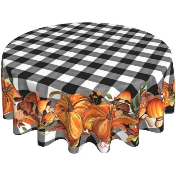 Fall Tablecloth Round 60 Inch, Autumn Black Buffalo Plaid Checked Pumpkin Table Cloth Wrinkle Resistant Thanksgiving Table Cover for Home Kitchen Dining Holiday