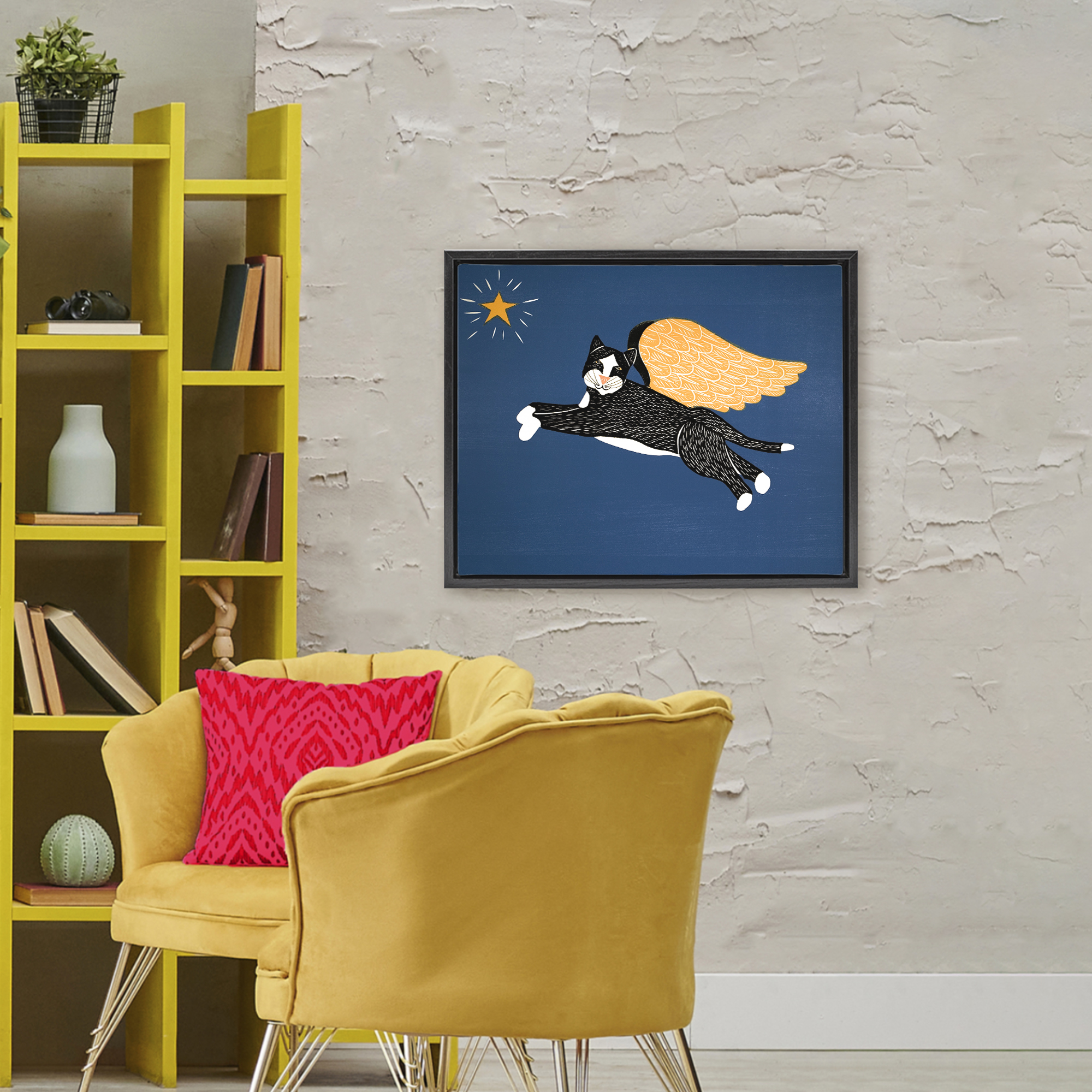 Angel Cat with Star Black Framed Floater Canvas Wall Art, design by Stephen Huneck
