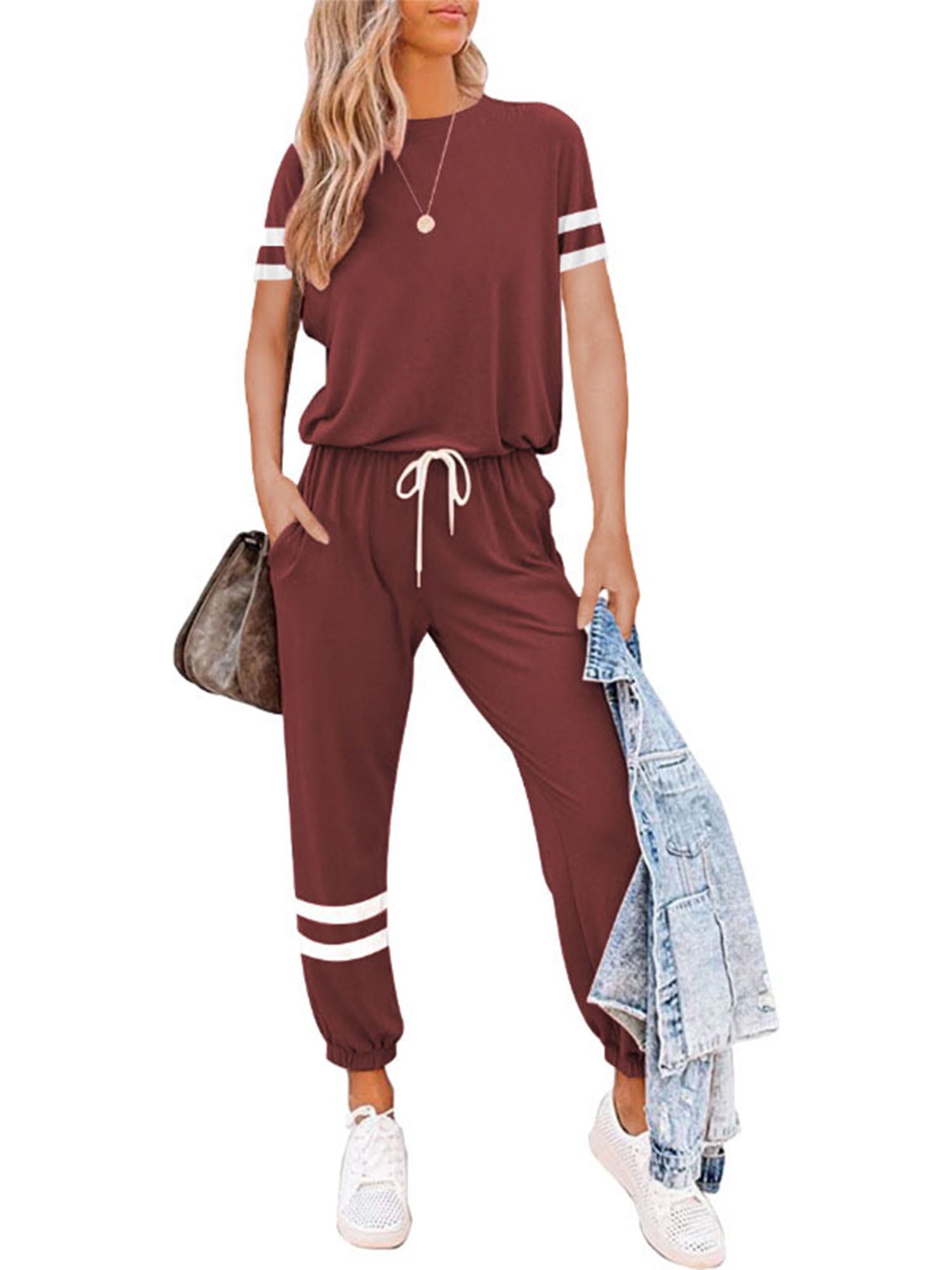 Short Set Sweatsuit Tracksuits with Pocket Women Casual Solid Loose Drawstring Two Piece Outfits Sets 