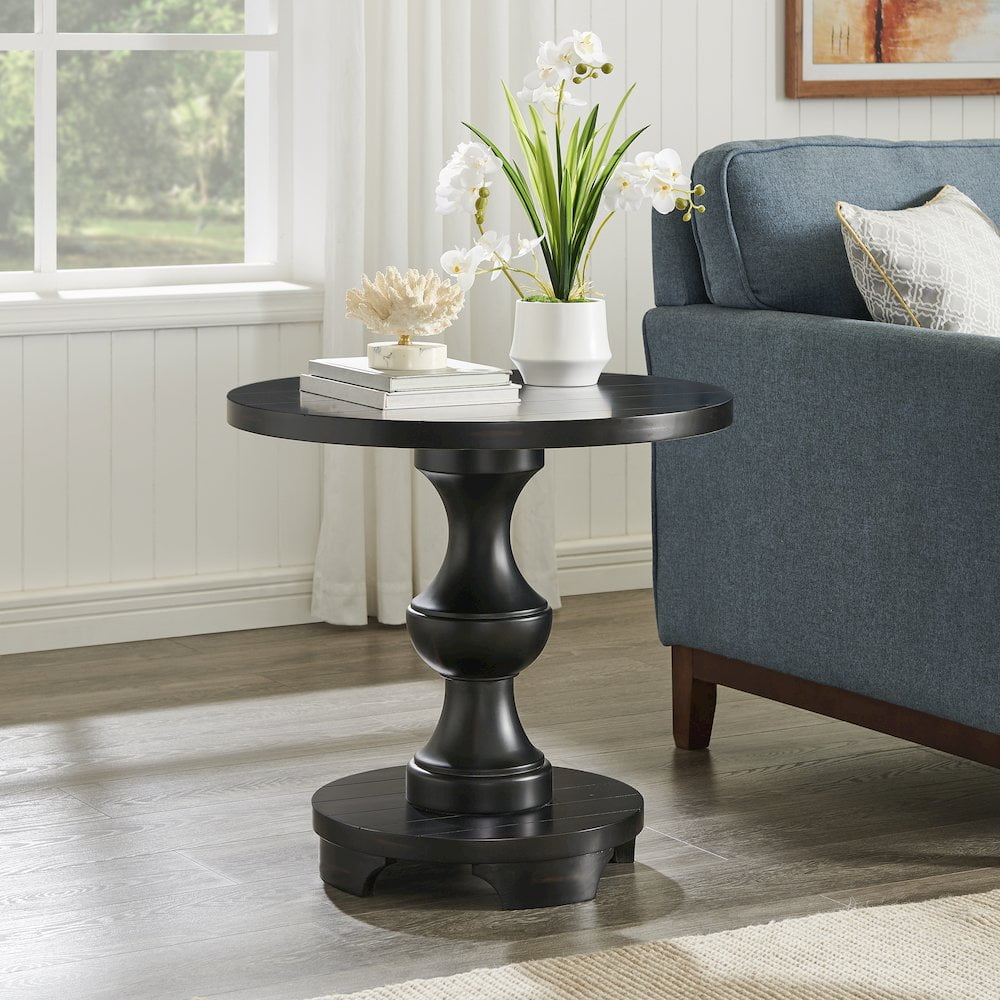 Roundhill Furniture Caesar Traditional Round Pedestal End Table, Black