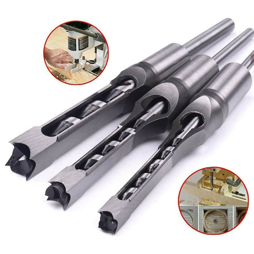 Qxke 3pcs Woodworking Square Hole Drill Bits Set Wood Saw Mortising Chisel Cutter Tools