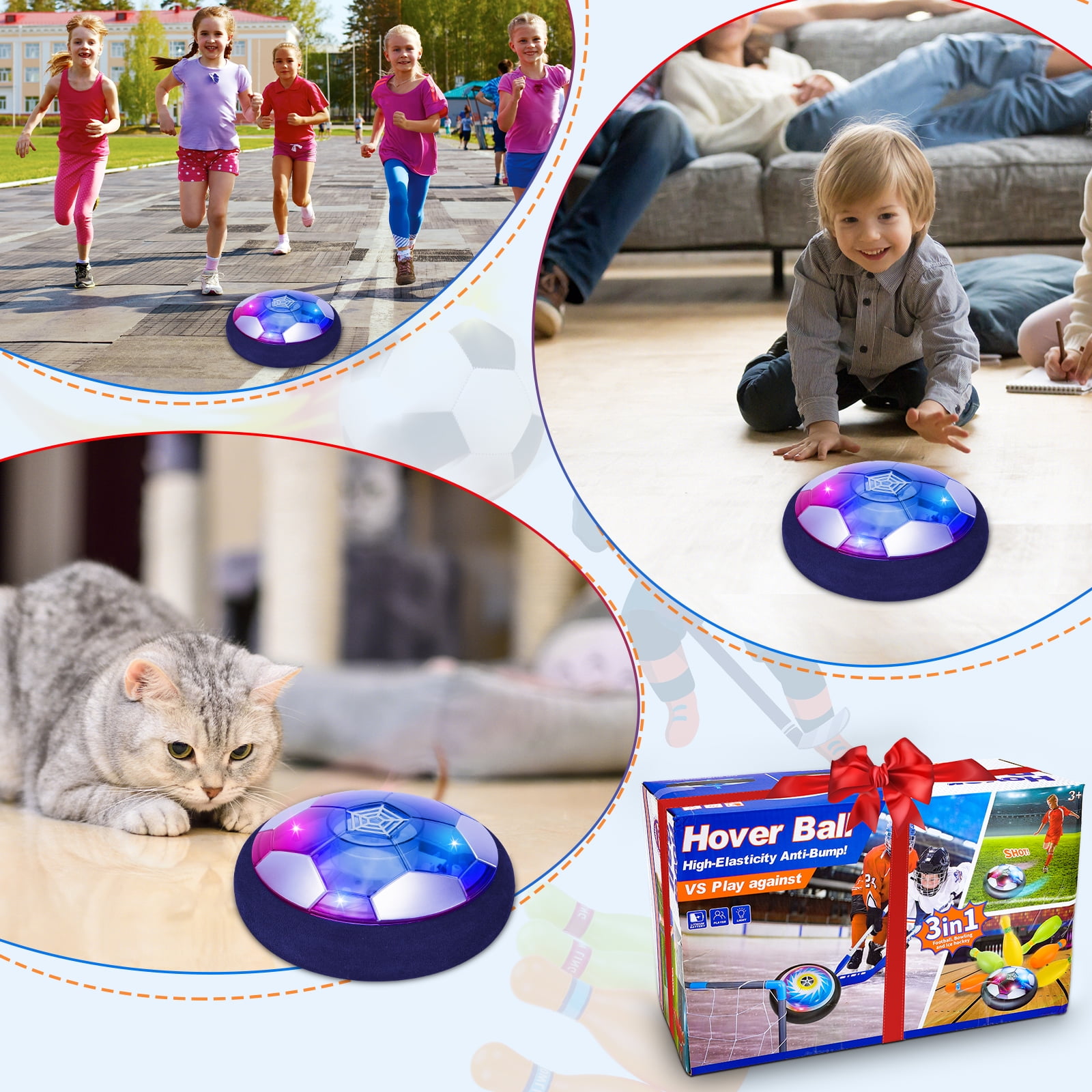 Hover Soccer Ball,4-in-1 Hover Soccer Ball Hockey Bowling Set for Kids 6-12,LED Soccer Games Indoor&Outdoor Toys Birthday Christmas Gifts for Kids Boys Girls 3 4 5 6 7 8 9+ Year Old