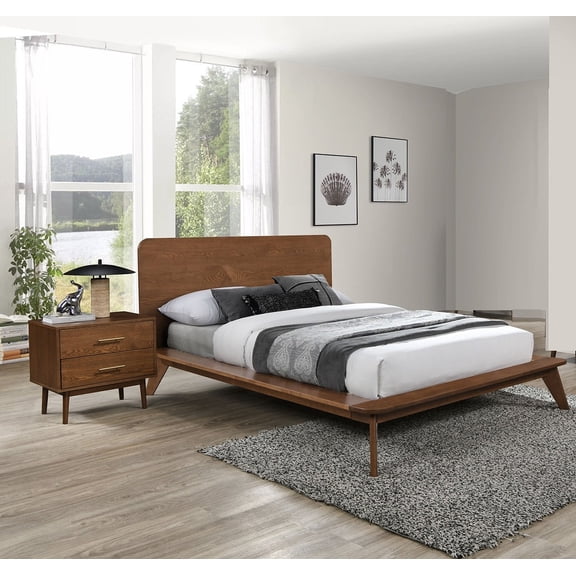 Solidwood Walnut Finish 3pc Queen Bedroom Set Mid-century Modern 2x Nightstands Tapered Legs Bar Pull Bedside Tables Furniture