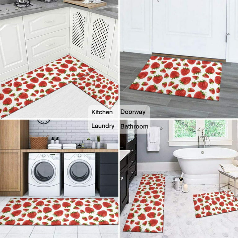 Red Strawberry Kitchen Mats Anti Fatigue 2 Pieces, Ultra Absorbent  Strawberries and Ladybirds Kitchen Rugs Set of 2 Washable, Large Cushioned  Non Slip
