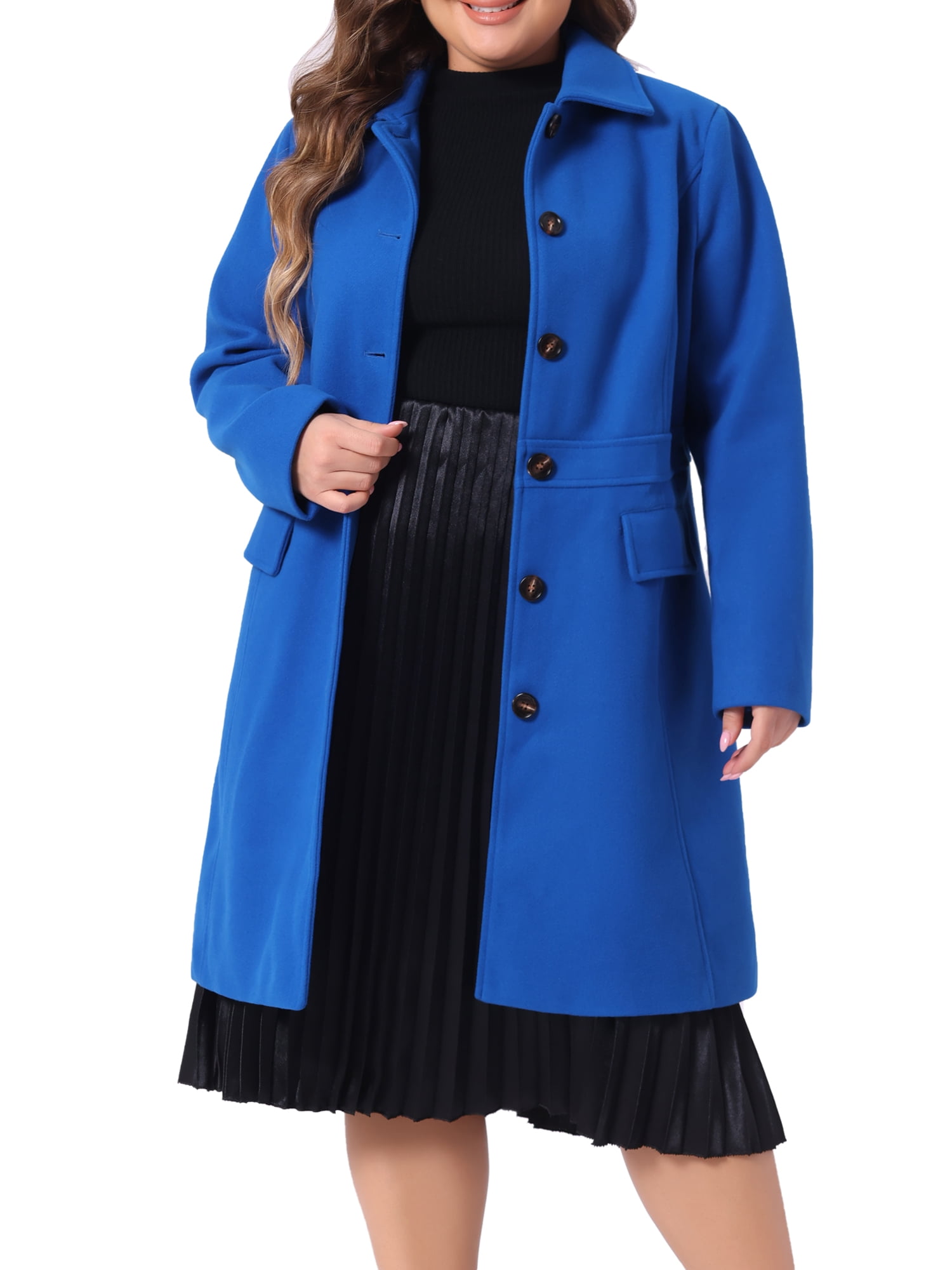 DARING DIVA Women's Plus Size Peter Pan Collar Single Breasted Coat 1X Royal Blue
