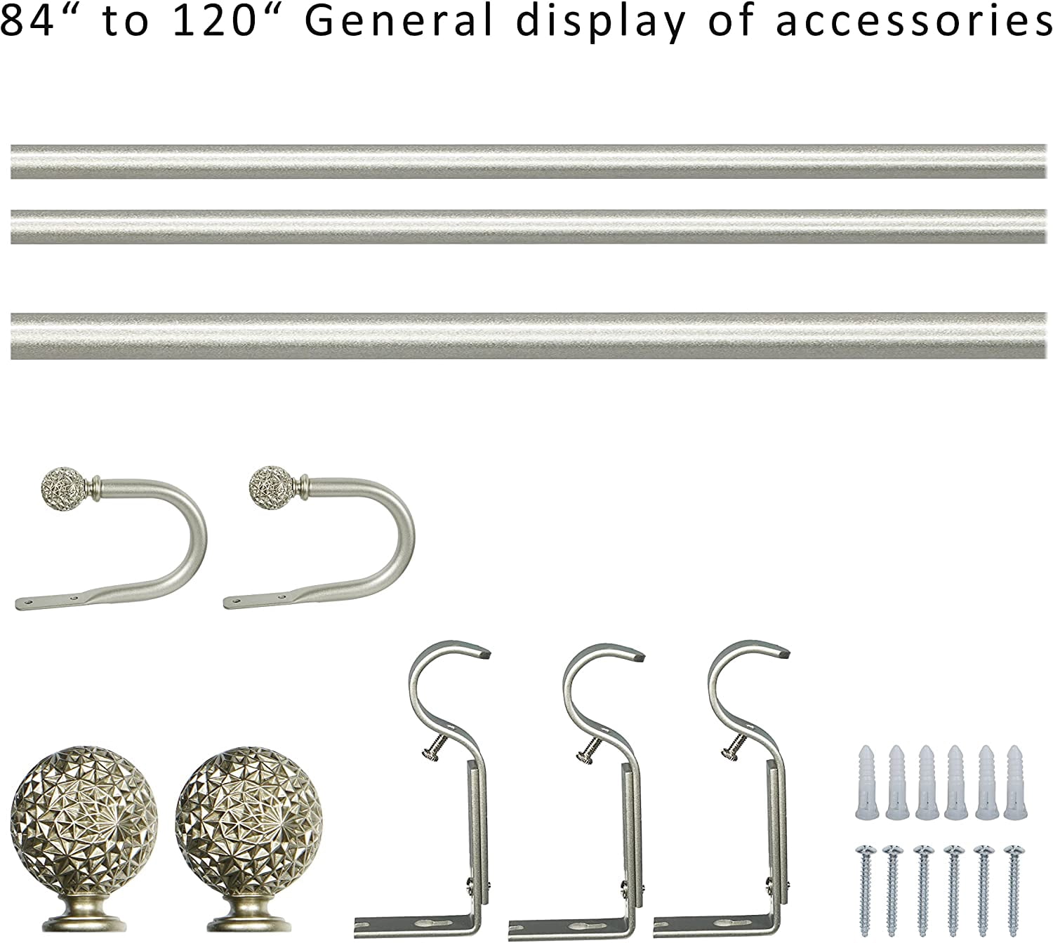 eTeckram 1" Curtain Rod with Torre Finials - 84" to 120", Pewter