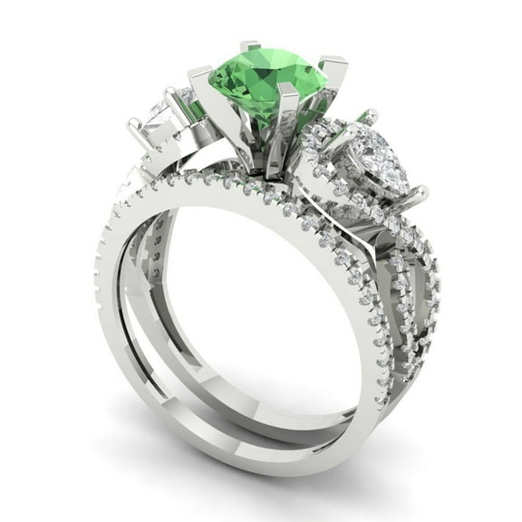 Clara Pucci 18K White Gold 1.925 Simulated Green Diamond Engraveable Engagement Ring   Wedding Band Set