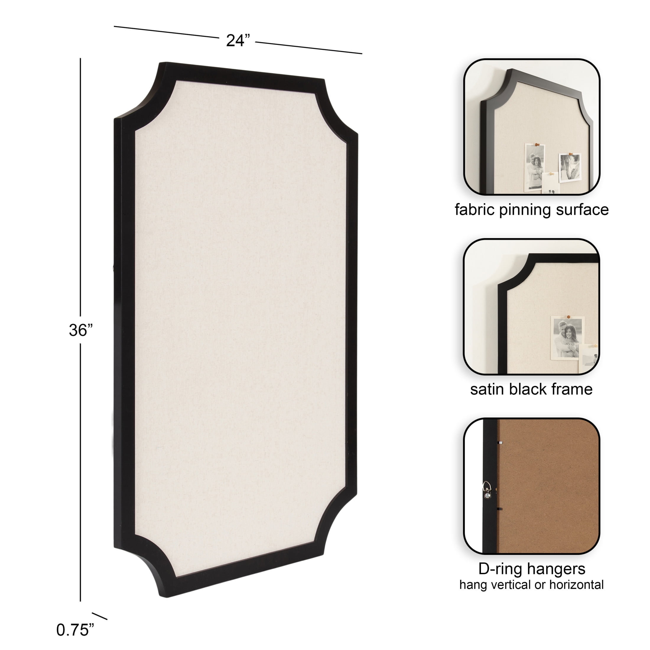 Kate and Laurel Holbrook Glam Framed Scallop Fabric Pinboard, 24 x 36, Black, Decorative Modern Scalloped Bulletin Board for Use as Vision Board or Wall Organization