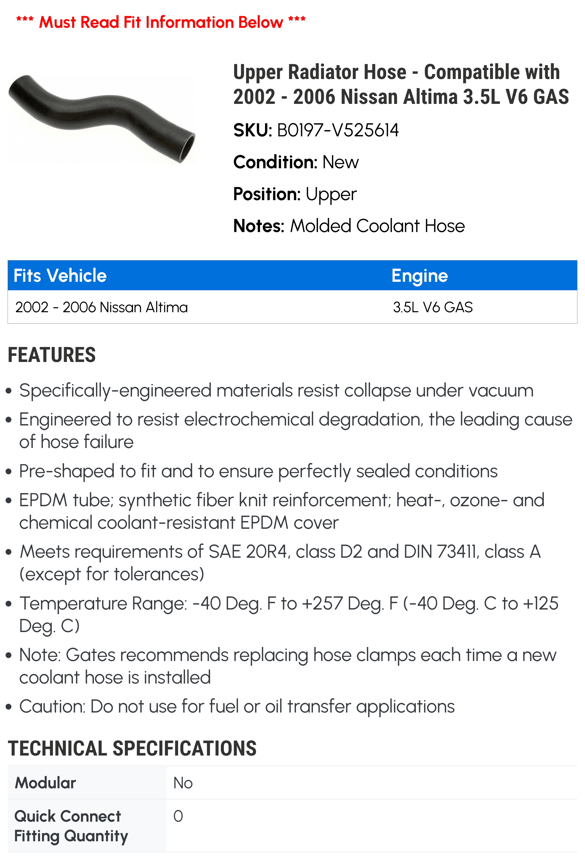 Upper Radiator Hose - Compatible with 2002 - 2006 Nissan Altima 3.5L V6 GAS - Gates
