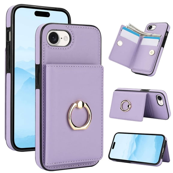 Wallet Case with Card Holder for iPhone 16e, 360 Rotation Ring Kickstand Magnetic Clasp and Durable Shockproof Cover