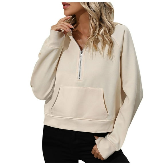 XFLWAM Womens Sweatshirts Half Zip Fleece Cropped Pullover Comfort Fall Casual Loose Outfits Long Sleeve Thumb Hole Tops