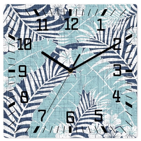 Wall Clock Teal Blue Tropical Palm Leaves Operated Square Clocks Wooden Silent Non-Ticking Wallclock 10 Inch Jungle Floral Monstera Wood Wall Clock for Living Room Bedroom Office Shool Home Decor