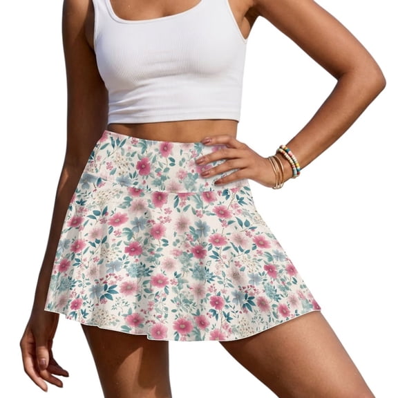 Xoenoiee Pink Flower Print Womens Tennis Skirt Pleated Athletic Skirts with Pockets Shorts High Waisted Golf Skort for Workout Pickleball, Size S