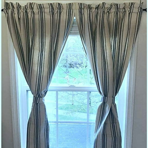 Home Collections by Raghu 72x63 Grain Sack Stripe Curtain Panels, Colonial Blue and Cream, 2 Piece
