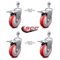 thumbnail image 2 of 5 Inch Red Polyurethane Swivel 12mm Stem Caster Set with Total Lock Brake, 2 of 2