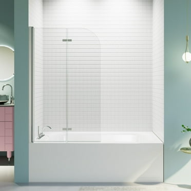 34" W x 58" H Frameless Folding Pivot Bathtub Door, 1/4" (6mm) Thick SGCC Clear Tempered Glass Door, Bathroom Pivot Bifold Shower Tub Door Panel, Reversible Installation, Chrome Finish   WL RR