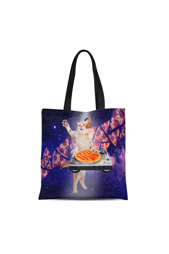 Canvas Tote Bag Pet Dj Cat Space Pizza Memes Cute Kitty Funny Reusable Handbag Shoulder Grocery Shopping Bags