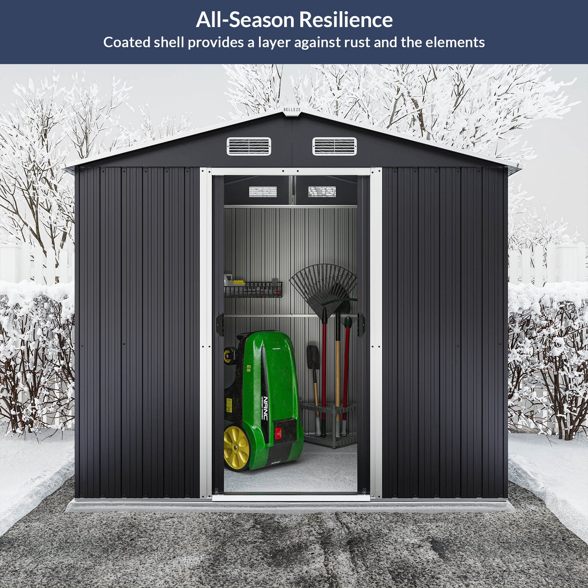 BELLEZE 8 x 6 FT Outdoor Storage Shed, Reinforced Garden Shed with Air Vent, Lockable Door, Weatherproof Metal Outside Storage Shed for Store Bike, Tools, Lawnmower, Outdoor Chairs in Backyard, Patio