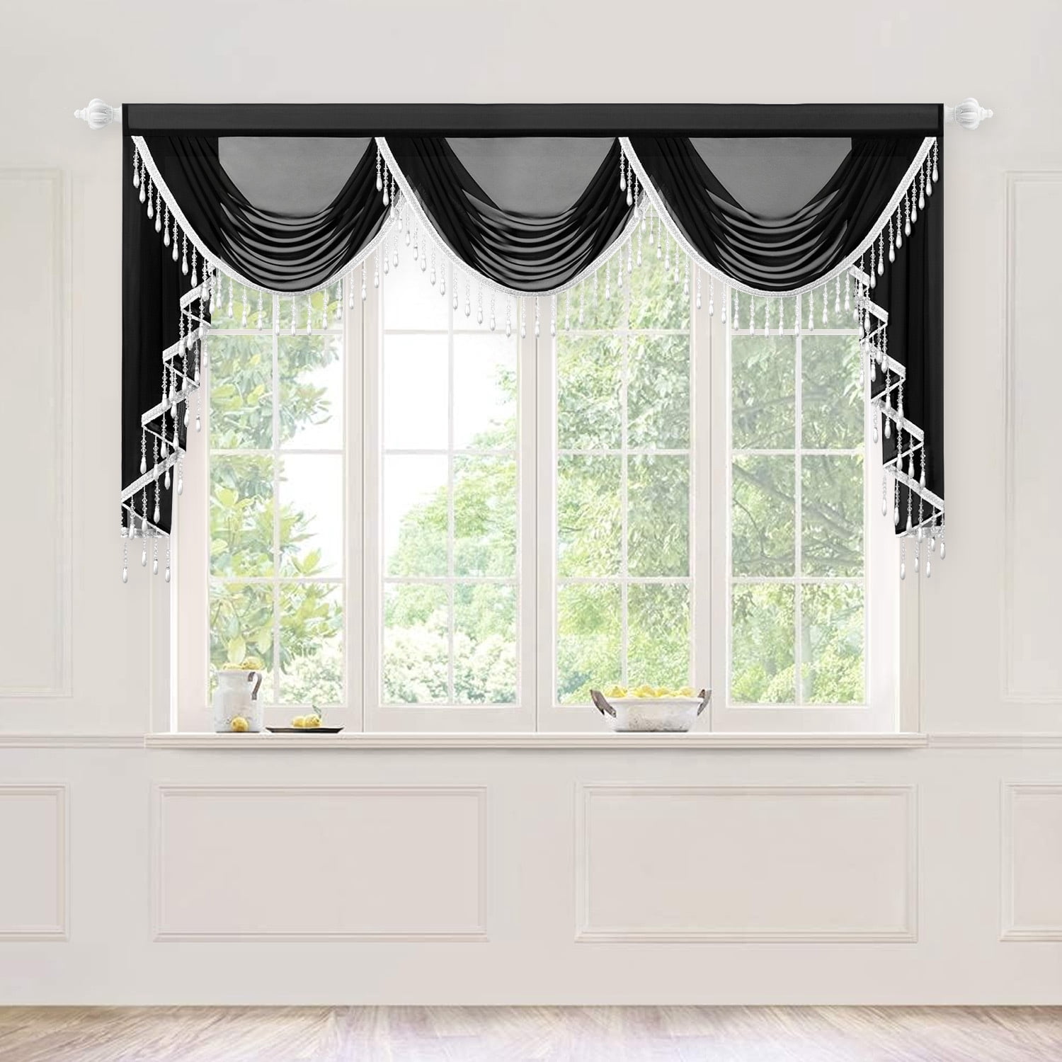 VOGOL Extra Wide Sheer Curtains Valance, 79 inches Wide European Style Breathable Silky Waterfall Valances for Bedroom Bathroom Nursery, Rod Pocket Swag Valance with Tassels, 1 Panel, Black