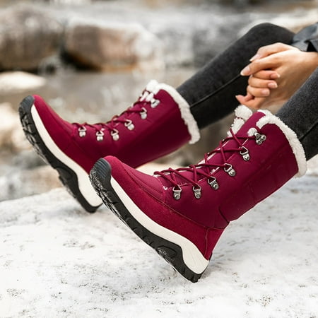 

LYCAQL Womens Shoes Round Velvet Women Boots Water Proof Boots Snow Flat Shoes Plus Lace Up Warm Toe Keep women s boots Boots Women Fashion (Red 7.5)