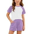 thumbnail image 2 of Girls Summer 2 Piece Outfits Short Sleeve T Shirts Top and Shorts Set Kids Clothing Sets with Pockets Teen Soft Comfy Athletic Casual Sets Sportswear Purple 11-12 Years, 2 of 7
