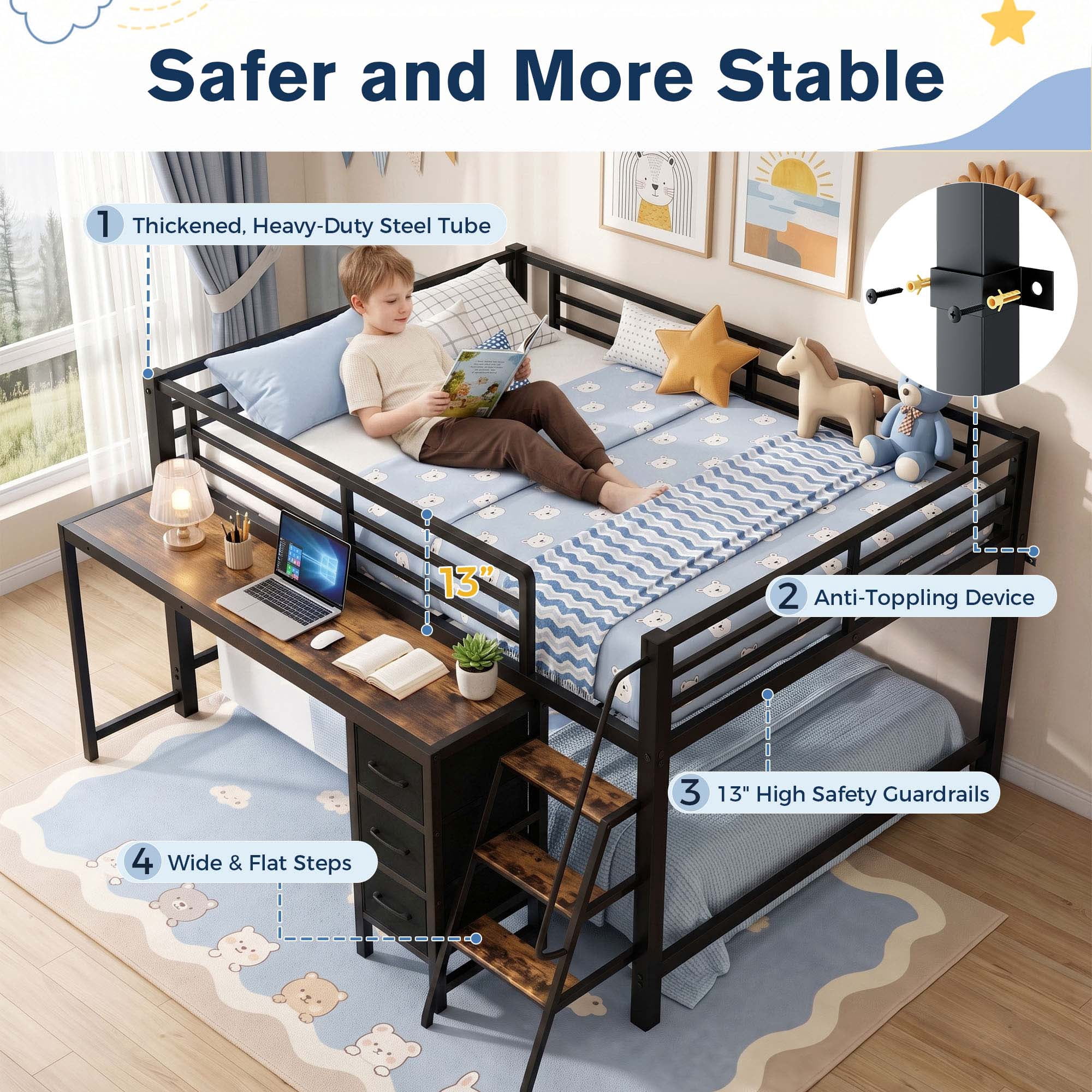 Miniyam Full Size Metal Low Loft Bed with Desk and 3 Drawers, Charging Station and Wide Steps, Black