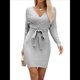 thumbnail image 3 of Vestido Ajustado de Larga para Mujer, Cuello en V, Punto , Aberturas Laterales y Cinturón. Gris M, 3 of 10