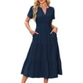thumbnail image 2 of Womens Summer Casual Light-Weight Short Sleeve V Neck Elastic Waist Boho Beach Midi Dress Pockets Navy Blue XL, 2 of 8