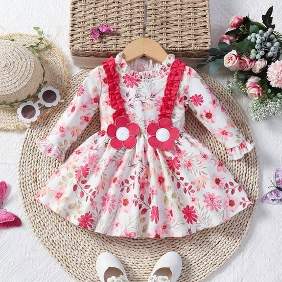 YEEDISON Children's Dress Autumn and Winter Girls' Casual Dress Cotton Long Sleeve Flower Pattern Dress for 3M-24M