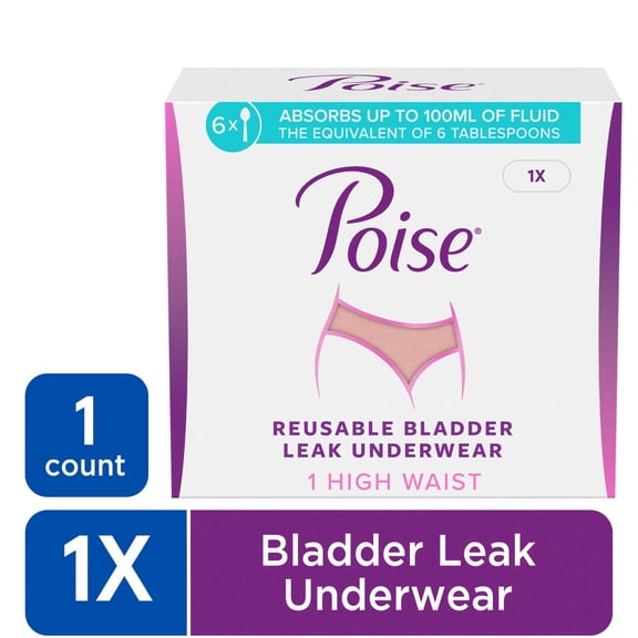 Poise Washable Adult Incontinence Underwear for Women, Reusable, Light Absorbency, 1X, High Waist, Pink, 1 Count