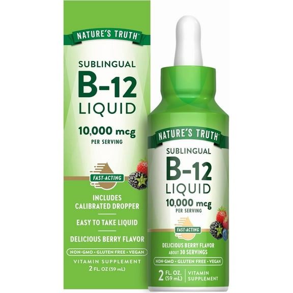 B12 Sublingual Liquid Drops | 10,000 mcg | 2 oz | Berry Flavor | Fast Acting | by Nature's Truth