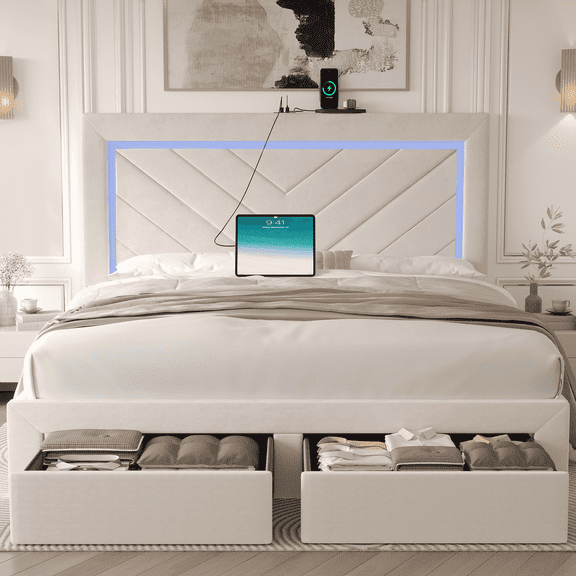 Fastroby Full Upholstered Bed Frame with LED Headboard & Storage Drawer, No Box Spring Required