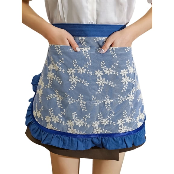 Unisex Chef Aprons White Retro Cotton Maid Short 2 Pockets Waist Waiter Waitress Half Apron