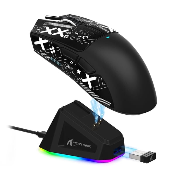 ATTACK SHARK X11 Mouse Inalámbrico para Juegos con Base de Carga RGB, Tri-modo 2.4G/USB-C con Cable/bluetooth, 22000 DPI, Sensor PAW3311, 5 Botones Programables, Cinta de Agarre Incluida, Negro