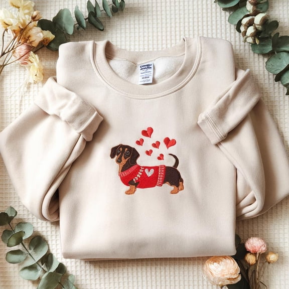 Valentine Dog Embroidered Sweatshirt, Dachshund Lover Valentine Sweater, Cute Sausage Dog Shirt, Dachshund Valentines Day Crewneck