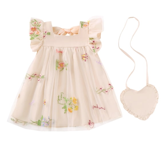 Baby Girls Clothes Toddler Girls Tulle Dress 12 Months Girls Summer Dress 18 Months Girls Sundress Sleeveless Dress with Cute Bag Apricot